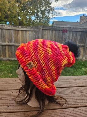 Handmade Sunset Knit Beanie with Faux Fur Pom Pom - NWT